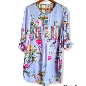 Fig and Flower periwinkle floral 3/4 sleeve Henley tunic dress size S